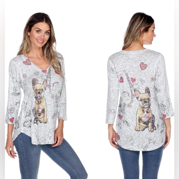 Inoah Tunic Top Artsy French Bulldog Paris Eiffel Tower Soft Knit Sweater Size M - Picture 2 of 13